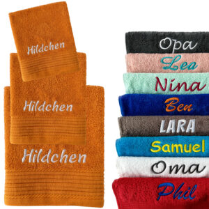 orange 3er-Set GÄSTEHANDTUCH, BADEHANDTUCH & SAUNAHANDTUCH | bestickt mit Wunschtext & Motiv | 30 x 50 cm | 70 x 140 cm | 100 x 180 cm